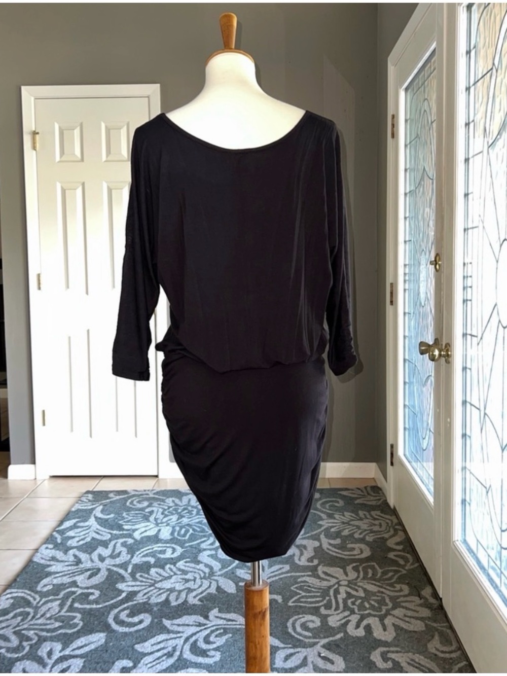 Venus Black Ruched Knit Blouson Dress, Size Large - Picture 5 of 7
